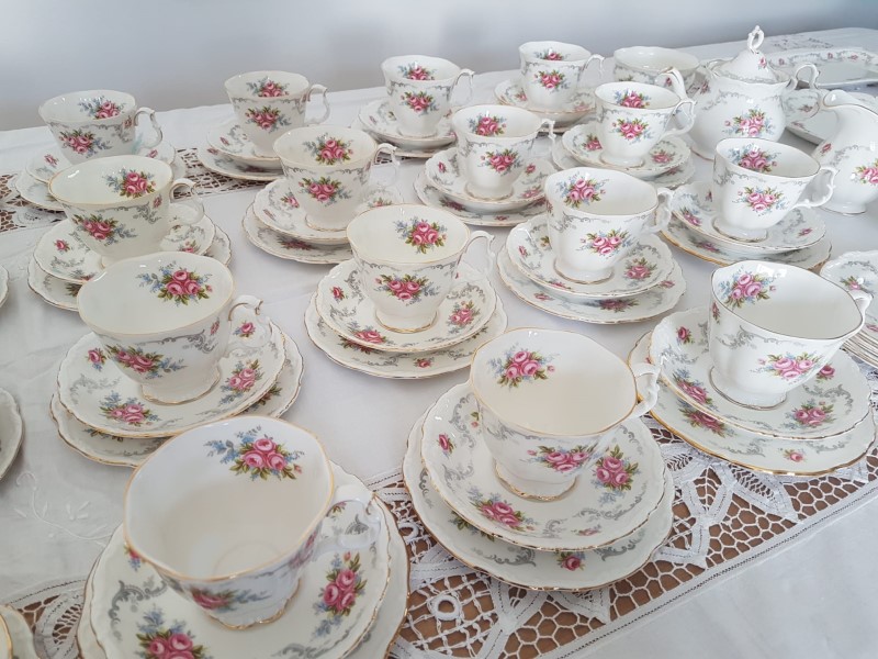 Royal Albert Tranquility tea set for 22 guests to hire.