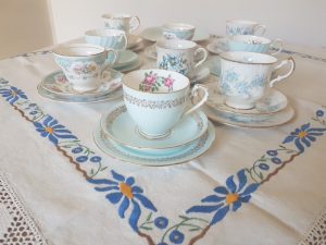 Blue vintage teacups to rent from the Vintage Teacup Queen