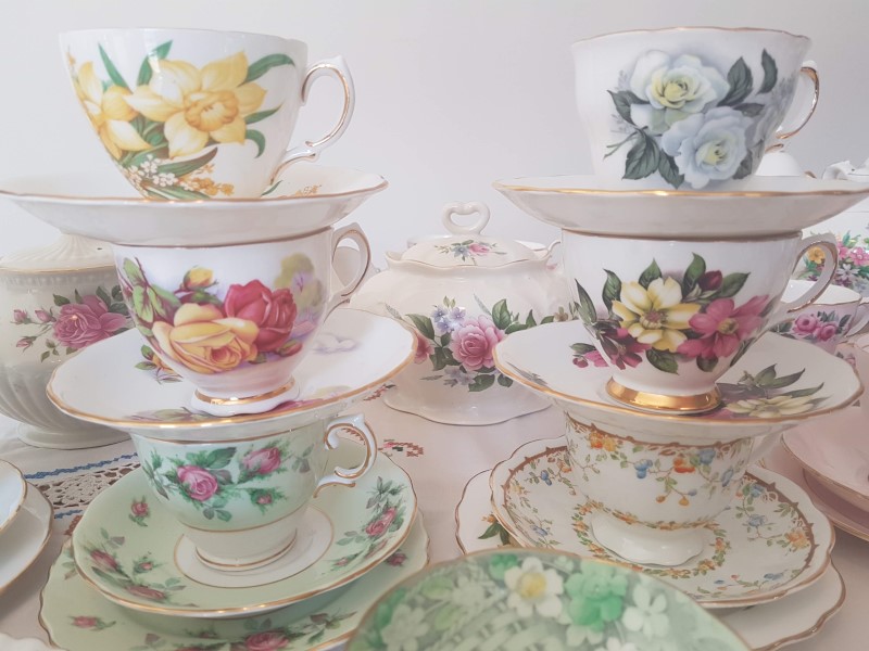 Floral fusion vintage china teacups to hire