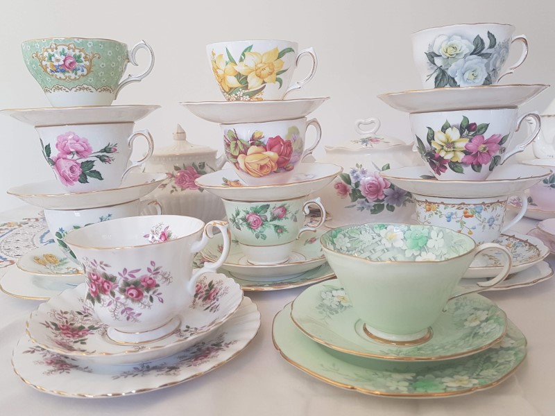 Floral fusion display of vintage teacups to hire for high teas