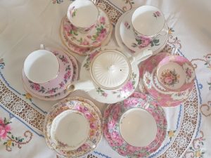 Pretty pink vintage china teasets to hire from the Vintage Teacup Queen