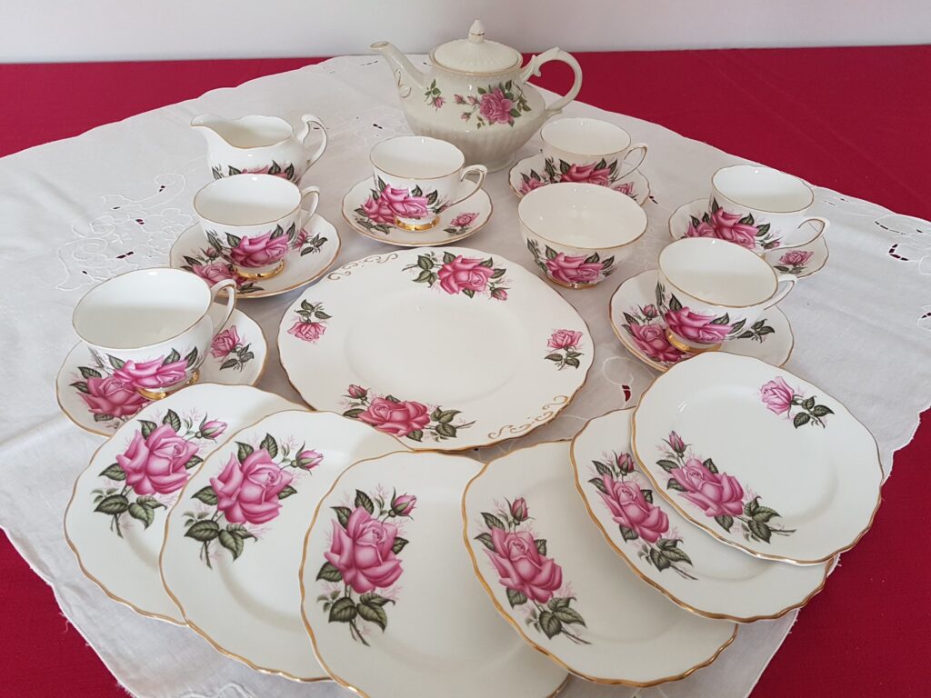 Pink roses vintage tea set to hire