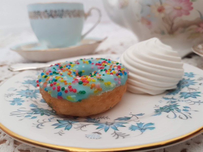 Blue doughnut on blue vintage china plate to hire from Vintage Teacup Queen's pastel collection
