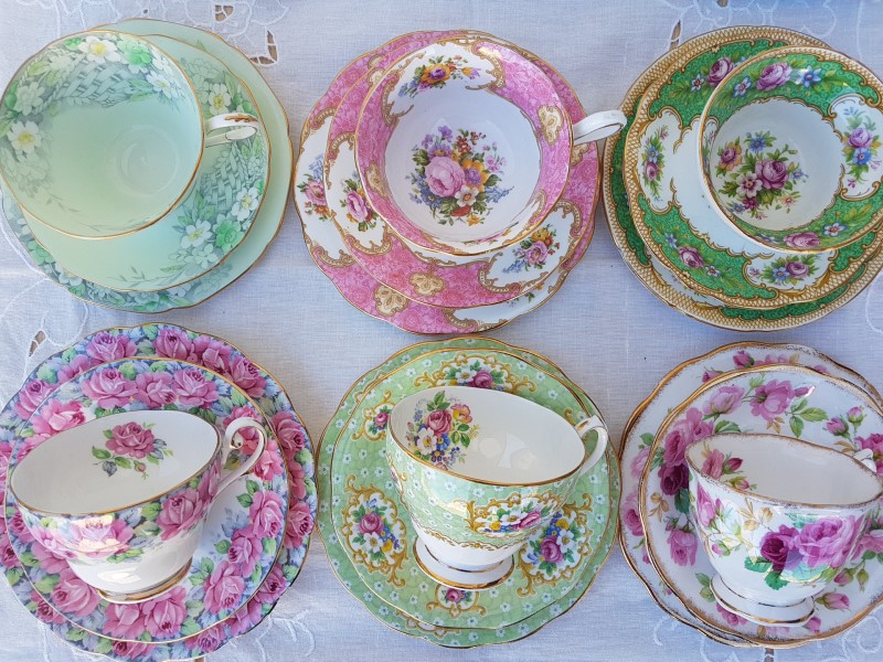 Pink and green vintage teacups to hire from the Vintage Teacup Queen