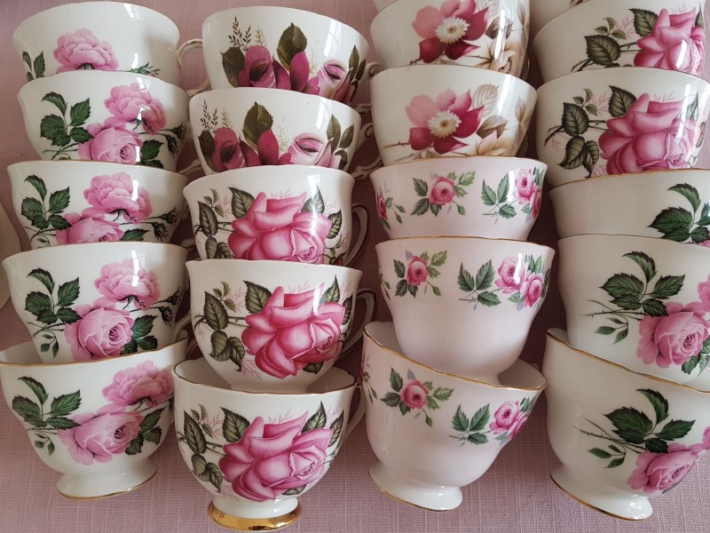 Rose collection of vintage china teacups to hire