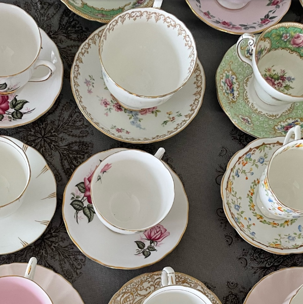 Vintage teacups for baby shower high tea party