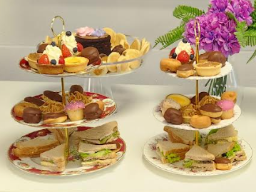 three-tier vintage cake stands with food - to hire